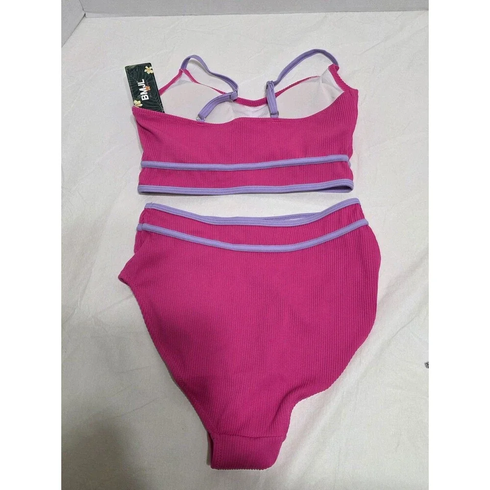 NWT BMJL Two Piece Swimsuit Pink w/ Purple Trim Bikini Size Small